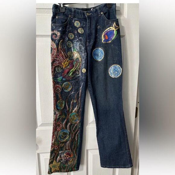 90’s Y2K Calvin Klein Flare Jeans Size 6, Handpainted Fish Ocean- Wearable Art!! - Picture 1 of 15